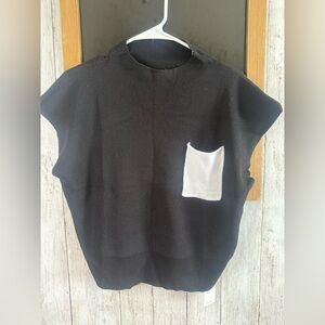 New Black Crop XXL Top Blouse Shirt with White Pocket